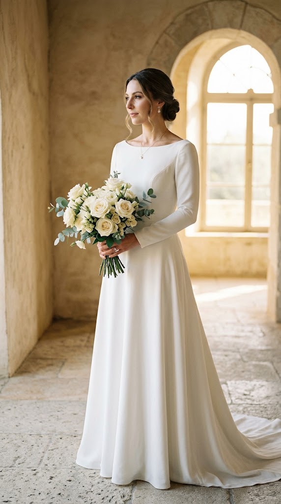 Bateau boat neckline wedding dress with a wide horizontal cut that follows the collarbone from shoulder to shoulder